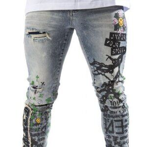 Men's Smoke Rize Sheffield Grafic Jeans Size 36/34 Blue